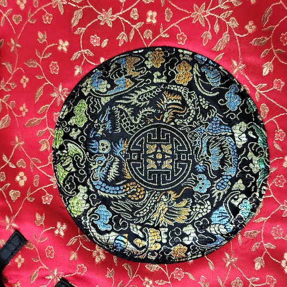 Red Asian Inspired Designed Embroidered Dragons Center Tote Bag By Rampage - Picture 3 of 8